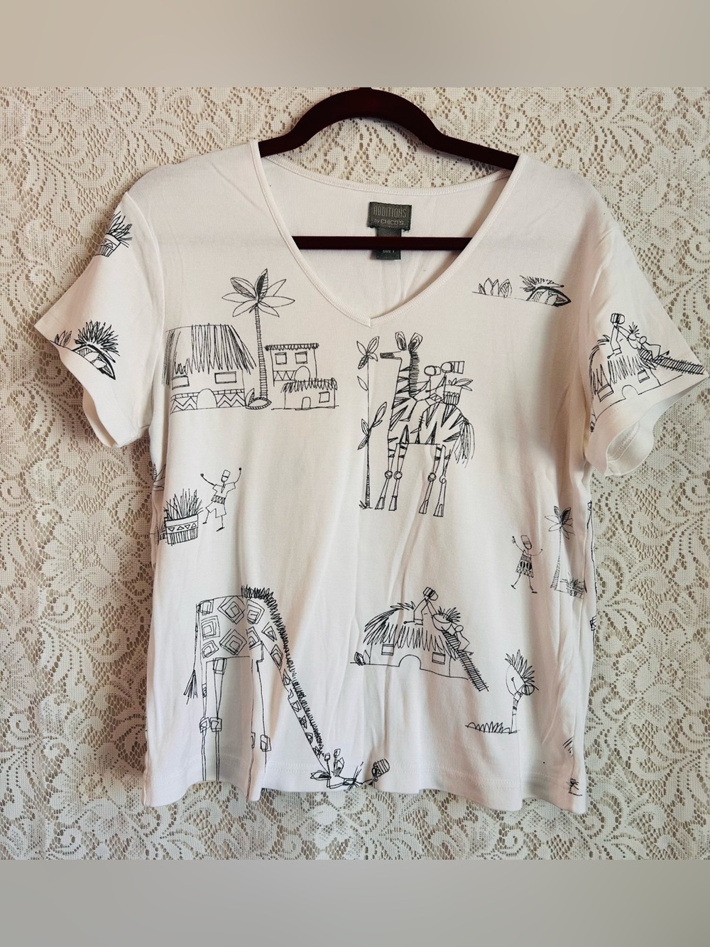 Additions by Chico’s Safari Giraffe Zebra Novelty Print Cotton Tee Size 1 or M 🦒